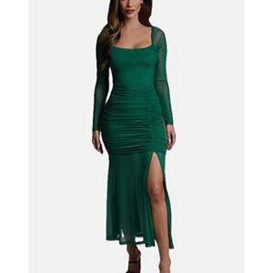 Bebe Green Ruched Long Sleeve Bodycon Dress